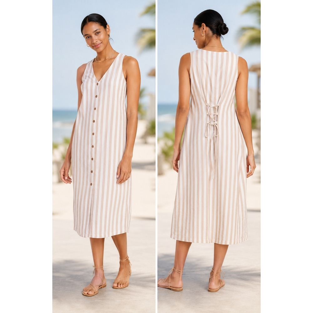 Old Navy Beige and White Striped Midi Dress